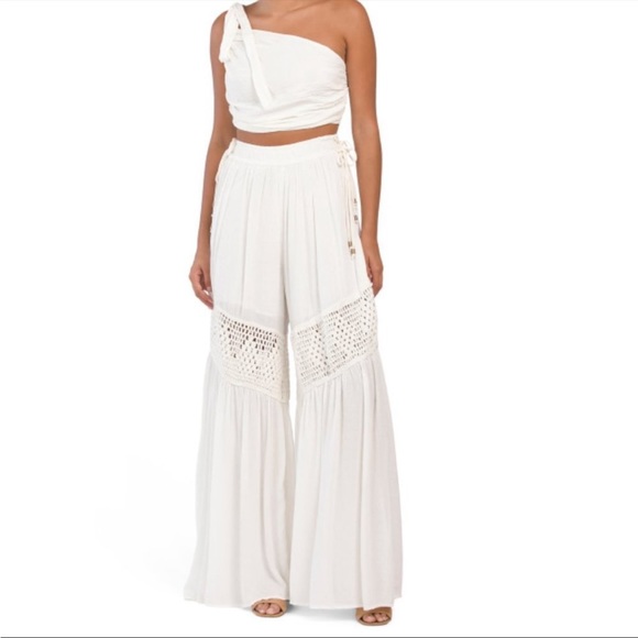 Free People Keeley Set in Ivory Crop Top Wide Leg High Waist Gauze Cotton Blend - Picture 2 of 16